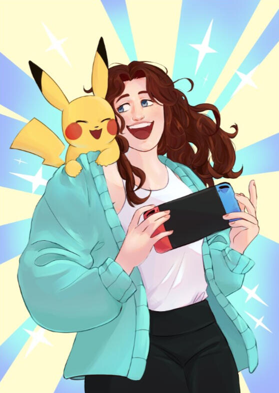half body commission Full body character art commission of commissioner with their favorite pocket monster holding a game console