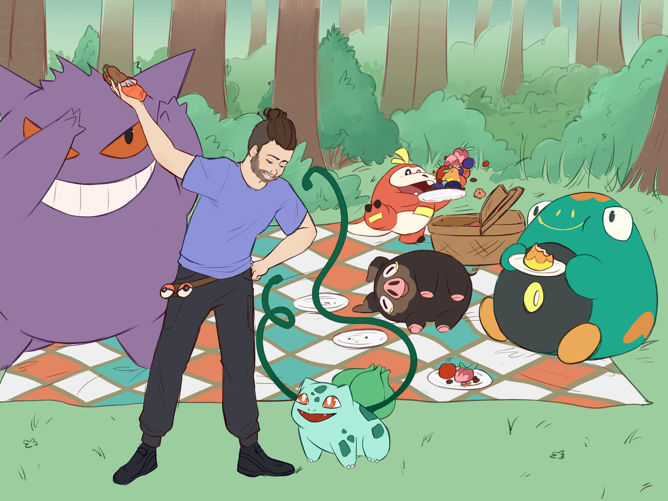 Full art commission Full body character art commission of commissioner drawn as a trainer with their favorite pocket monsters on a picnic together